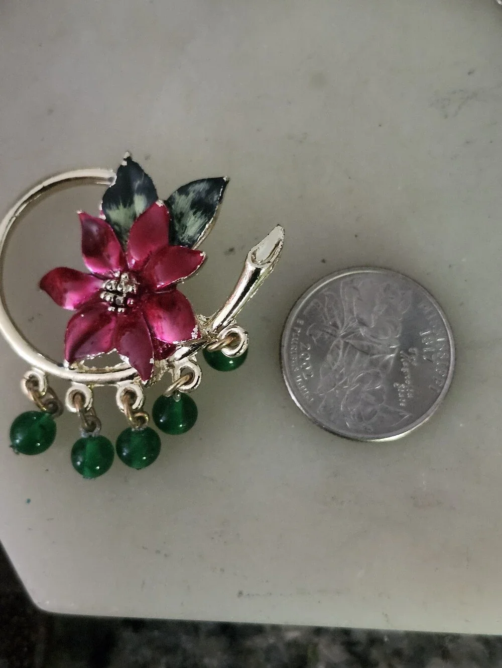 Gold-Tone Pink Flower and Green Bead Women's Brooch